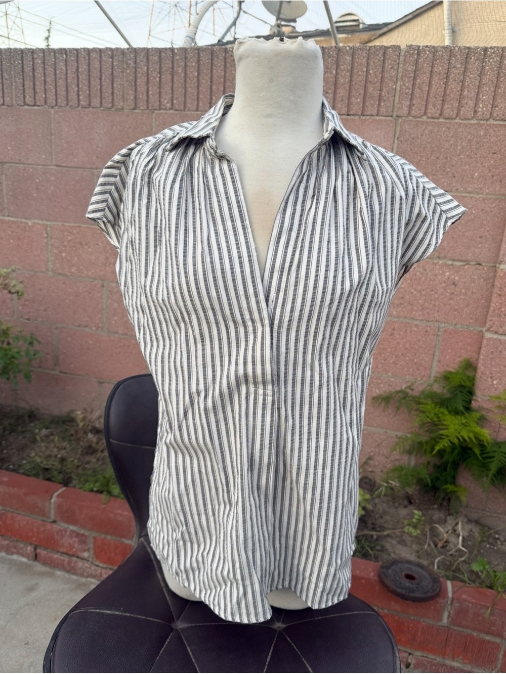Max Studio White and Black Vertical Stripe Button-Down Top
